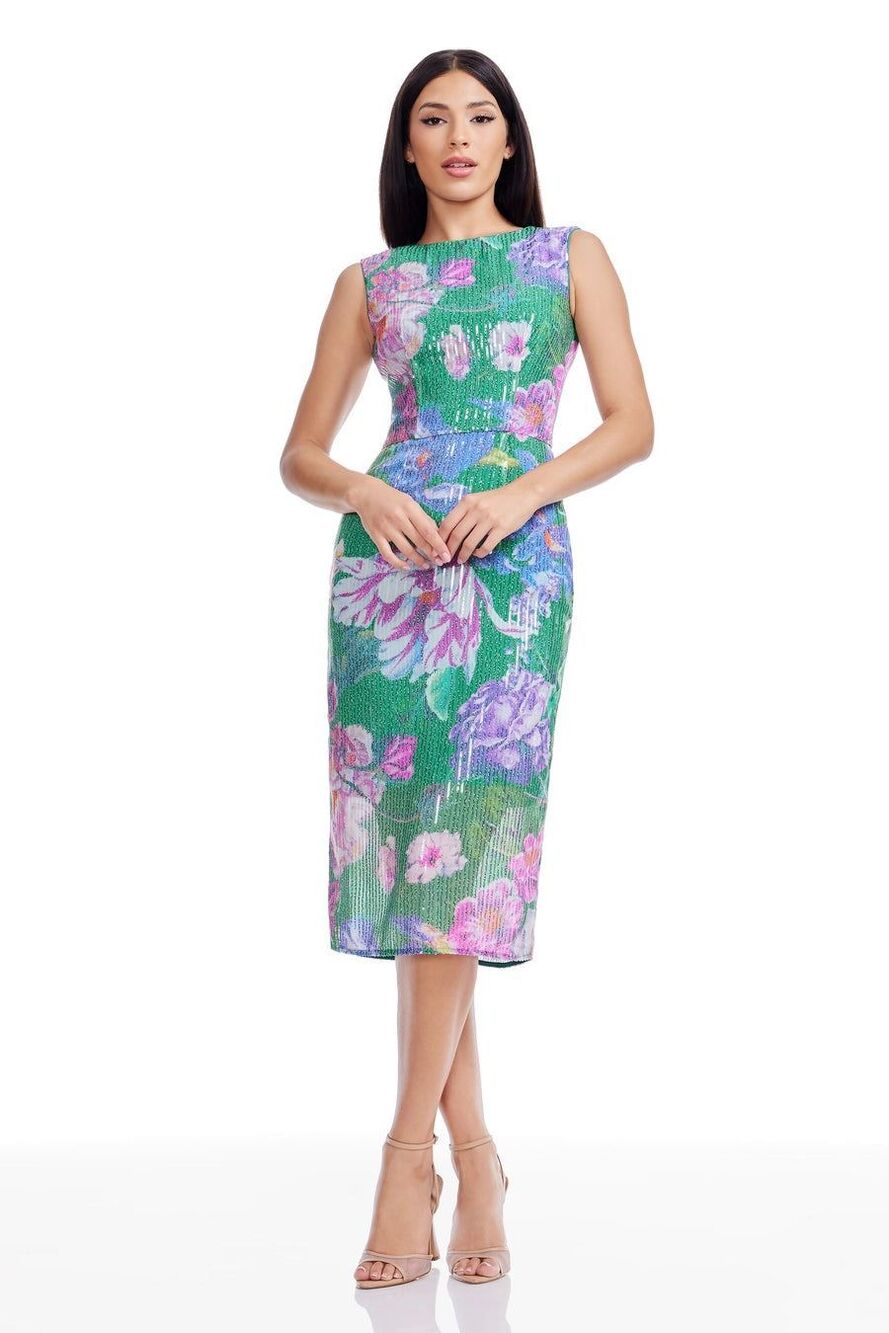 Dress the Population Claudette Floral-Print Sleeveless Bodycon Sequin Midi Dress - Picture 3 of 7